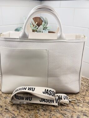 Jason Wu Ivory Croc Embossed Satchel Top Handle Bag w Strap Medium Tote